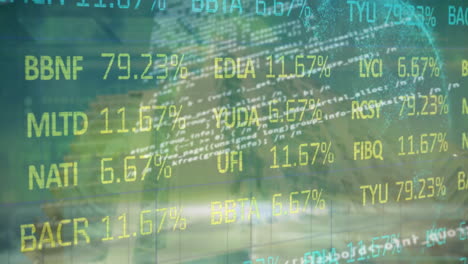 Animation-of-stock-market-and-globe-with-data-processing-over-cityscape