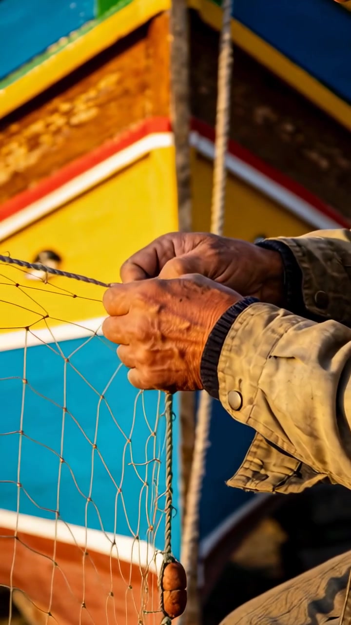 Vertical video: Repairing torn net fisherman threading thin cord through mesh at dock, tan jacket
