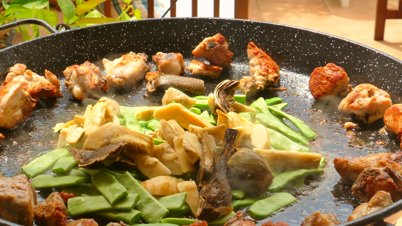 Chicken Paella With Vegetables Cooked On Shallow Frying Pan - Mixed Paella