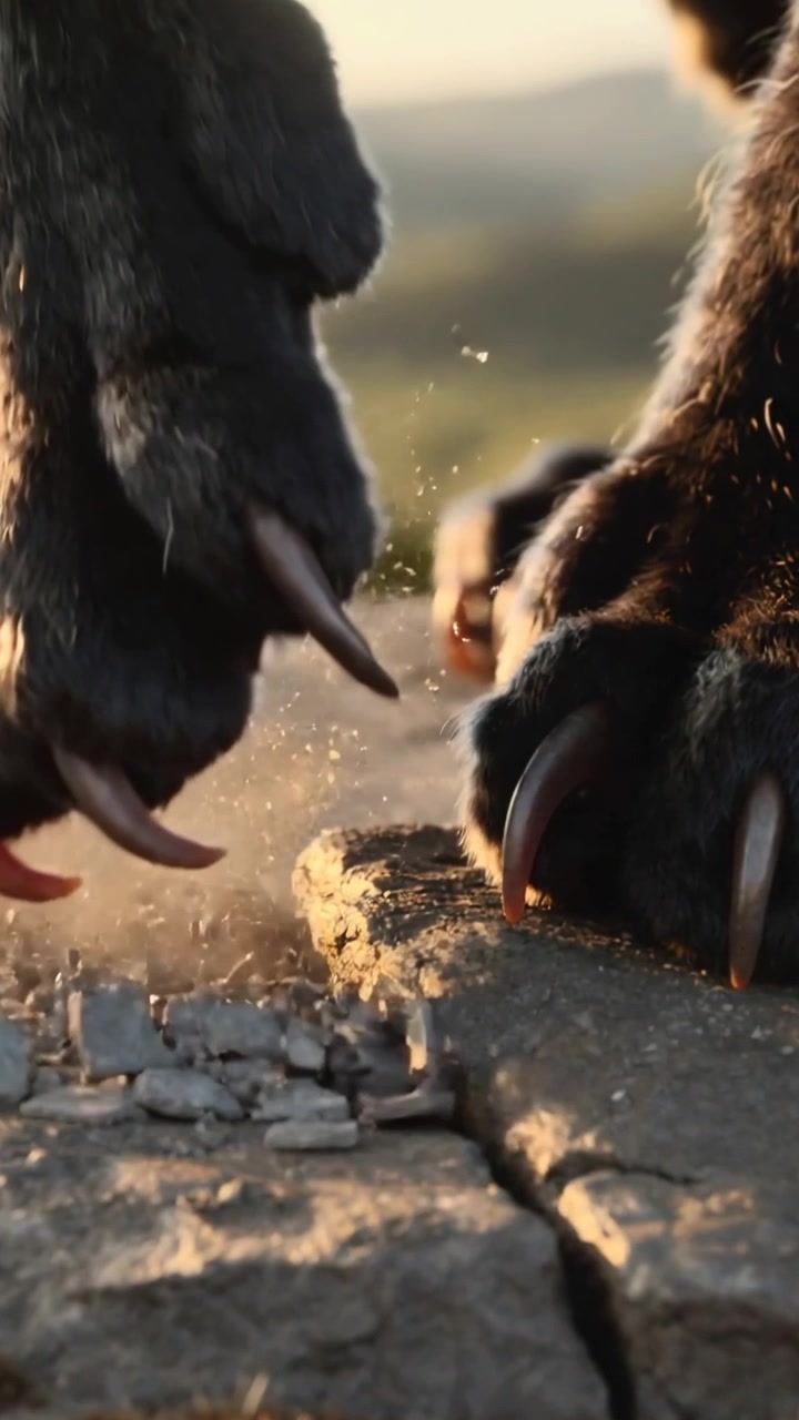 Vertical video: Scraping large bear forepaws shifting claws on flat stone at sunset, releasing dust