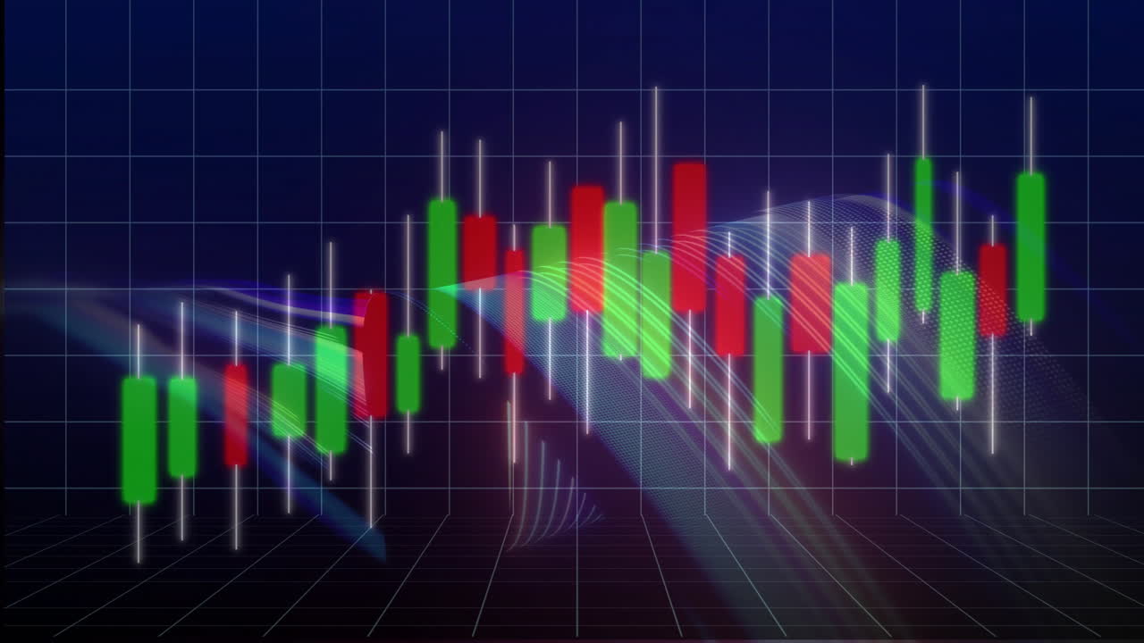Animation, der viser et aktiemarkedets lysestagediagram med røde og grønne søjler.