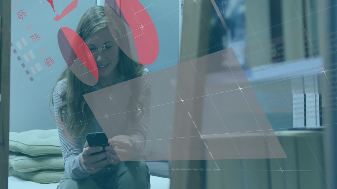 사무실에서 스마트폰을 사용하는 백인 여성에 대한 통계 데이터 처리의 애니메이션