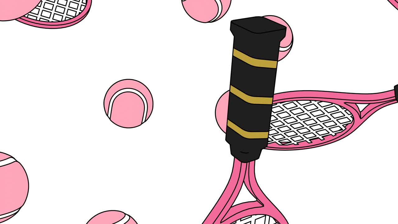 bolas de tenis rosadas y raquetas de tenis en fondo blanco.