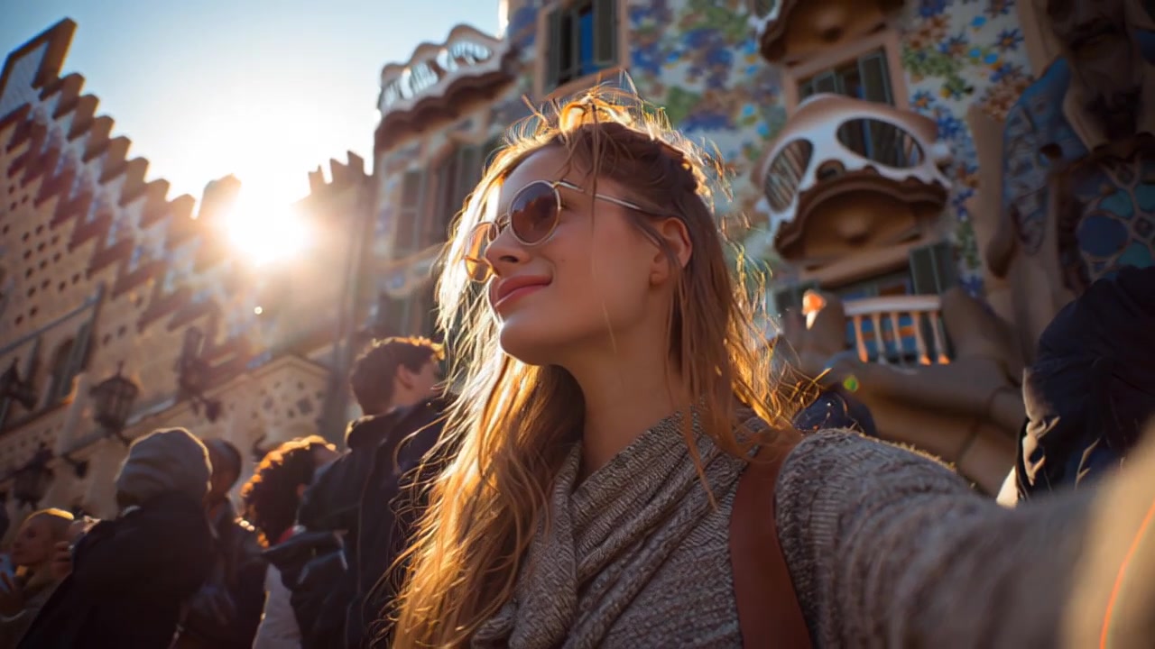 Filmato di viaggio di una giovane donna con occhiali da sole che si scatta un selfie davanti a Casa Batlló sul Passeig de Gràcia, Barcellona, Spagna, con luce calda del tramonto e folla.