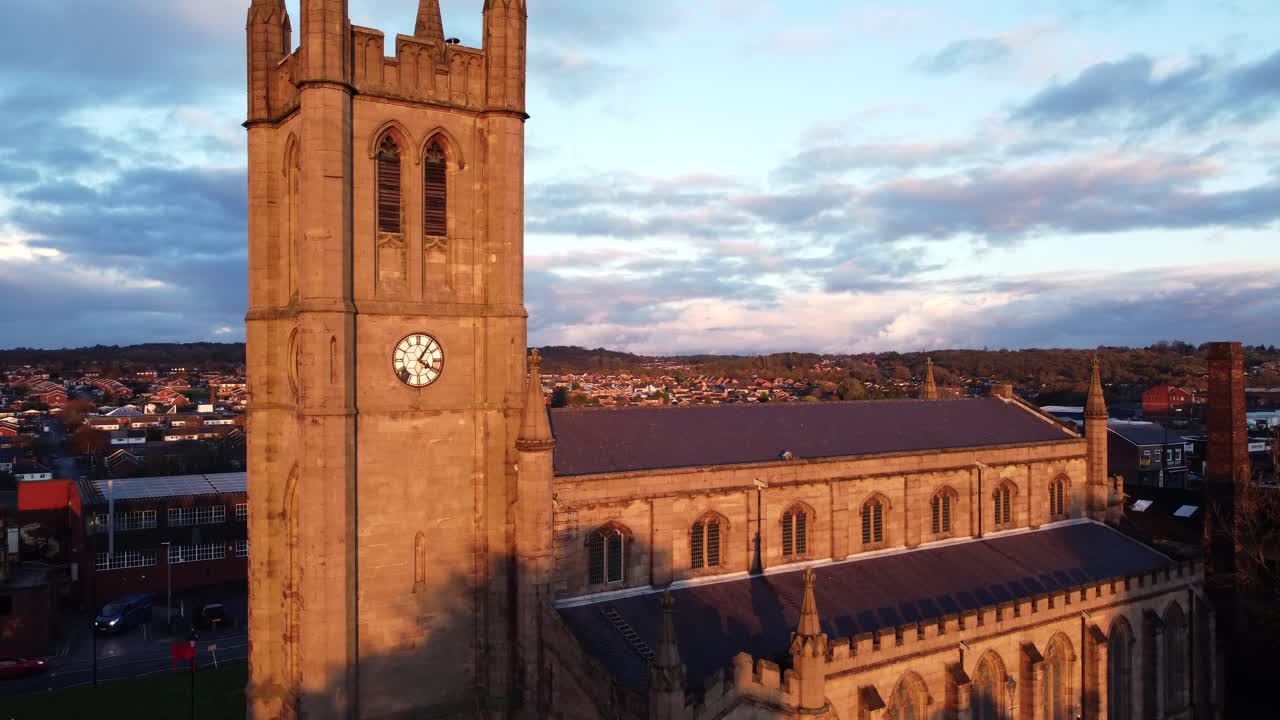 Aerial View of a Church with a Clock Tower