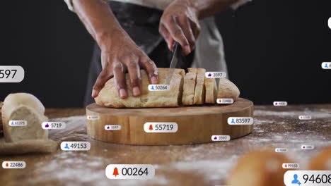 slicing bread, person with social media notifications overlay on wooden board