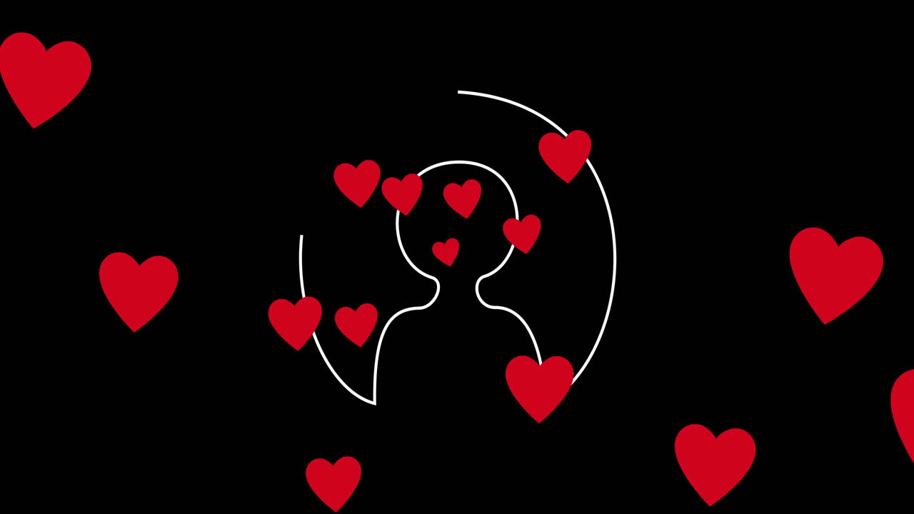 검은색 배경에 빨간색 심장 위에 있는 소셜 미디어 사람들의 아이콘의 애니메이션