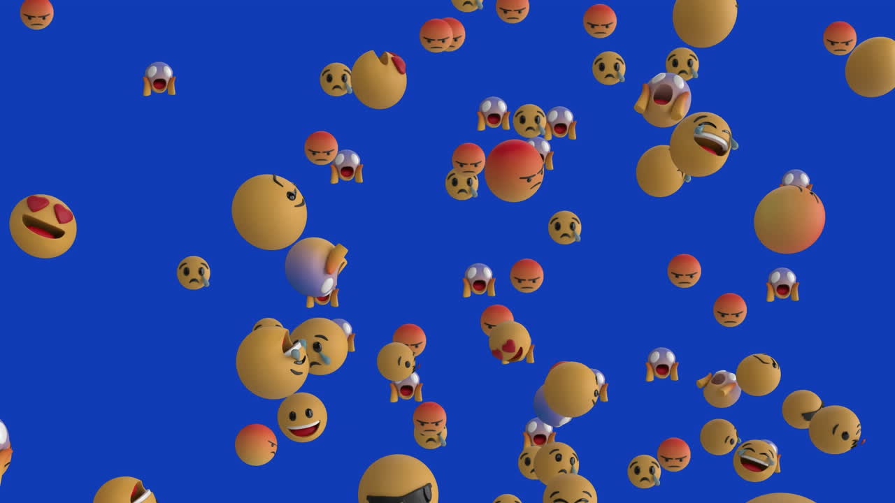 animación de múltiples emoticones 3d flotando contra un fondo azul.