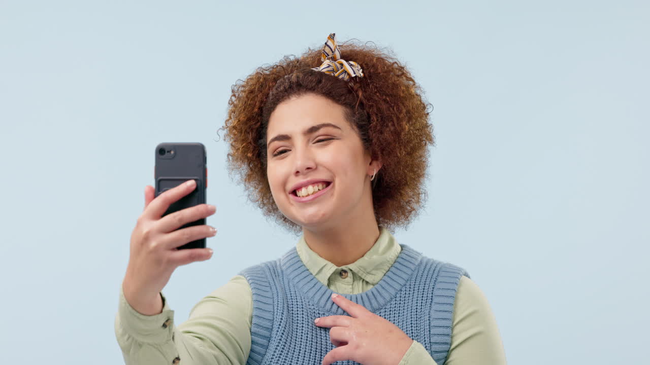 Happy woman, silly face and selfie