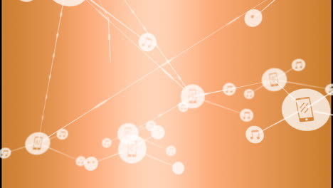 animación de una red de iconos digitales contra un fondo de gradiente naranja.