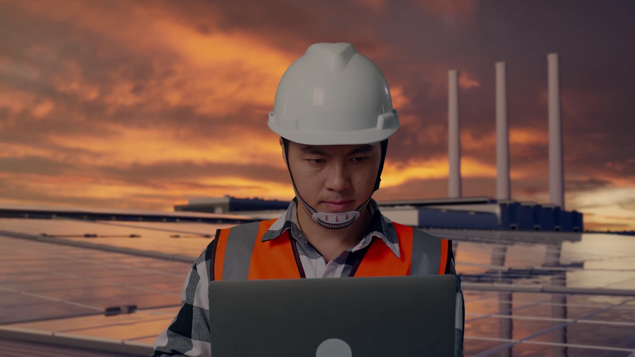 Close Up Of Asian Male Engineer With Safety Helmet Working On A Laptop While Standing, Inspecting Solar Panels on Rooftop at Sunset