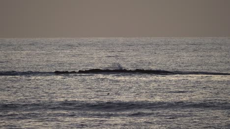 Calm-waves-splashing-on-the-rocks-in-sunset--slow-motion