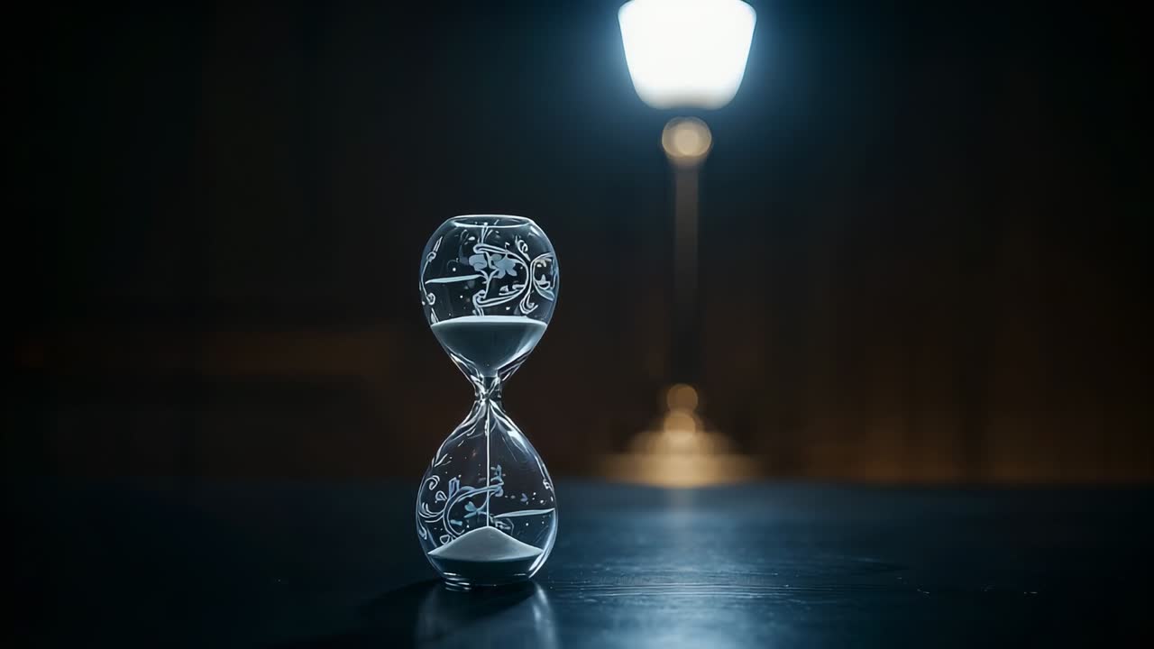 Gravity causing hourglass with white sand flowing in study on wooden table under frosted brass lamp