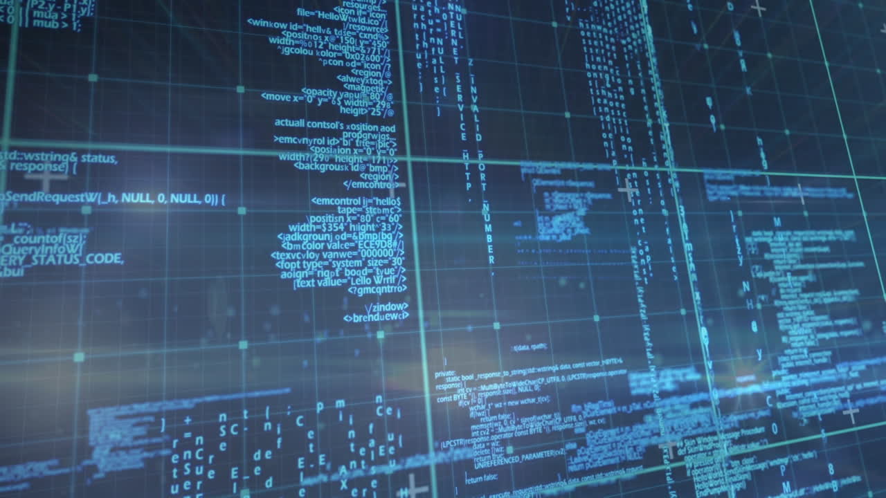 animación del procesamiento de datos y codificación binaria sobre fondo azul