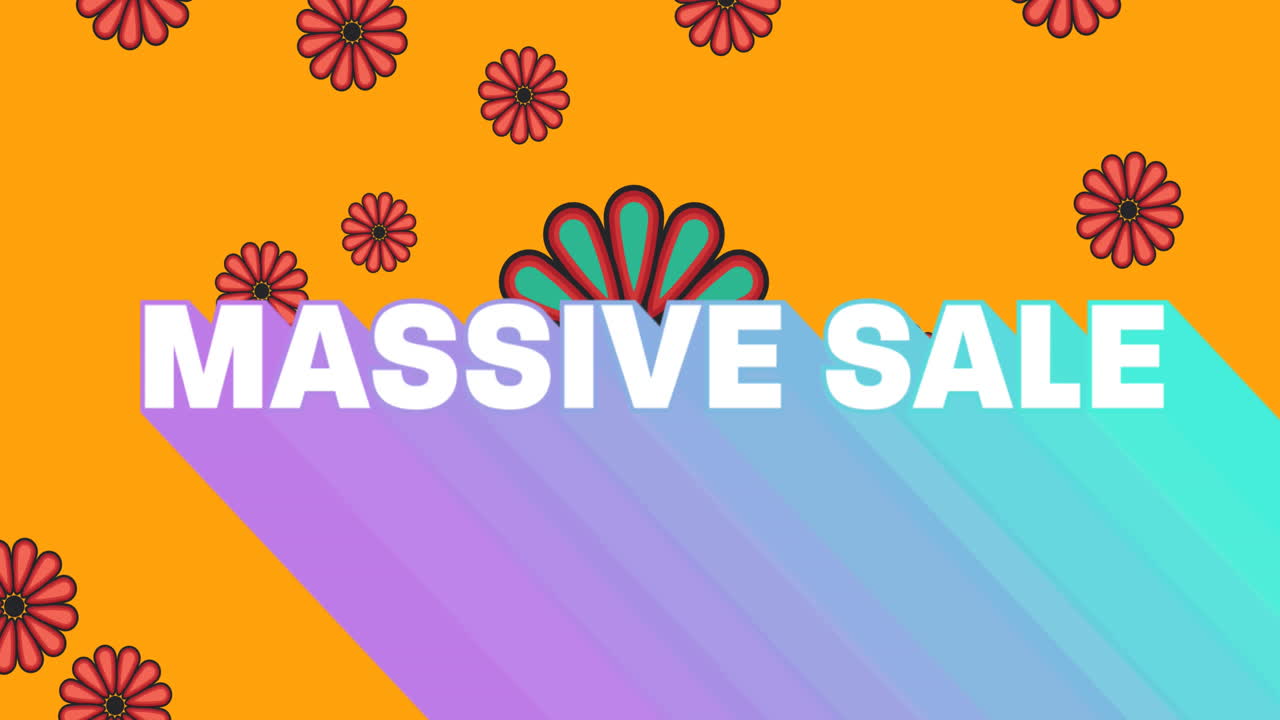 오렌지색 배경에 꽃 위에 대규모 판매 텍스트의 애니메이션