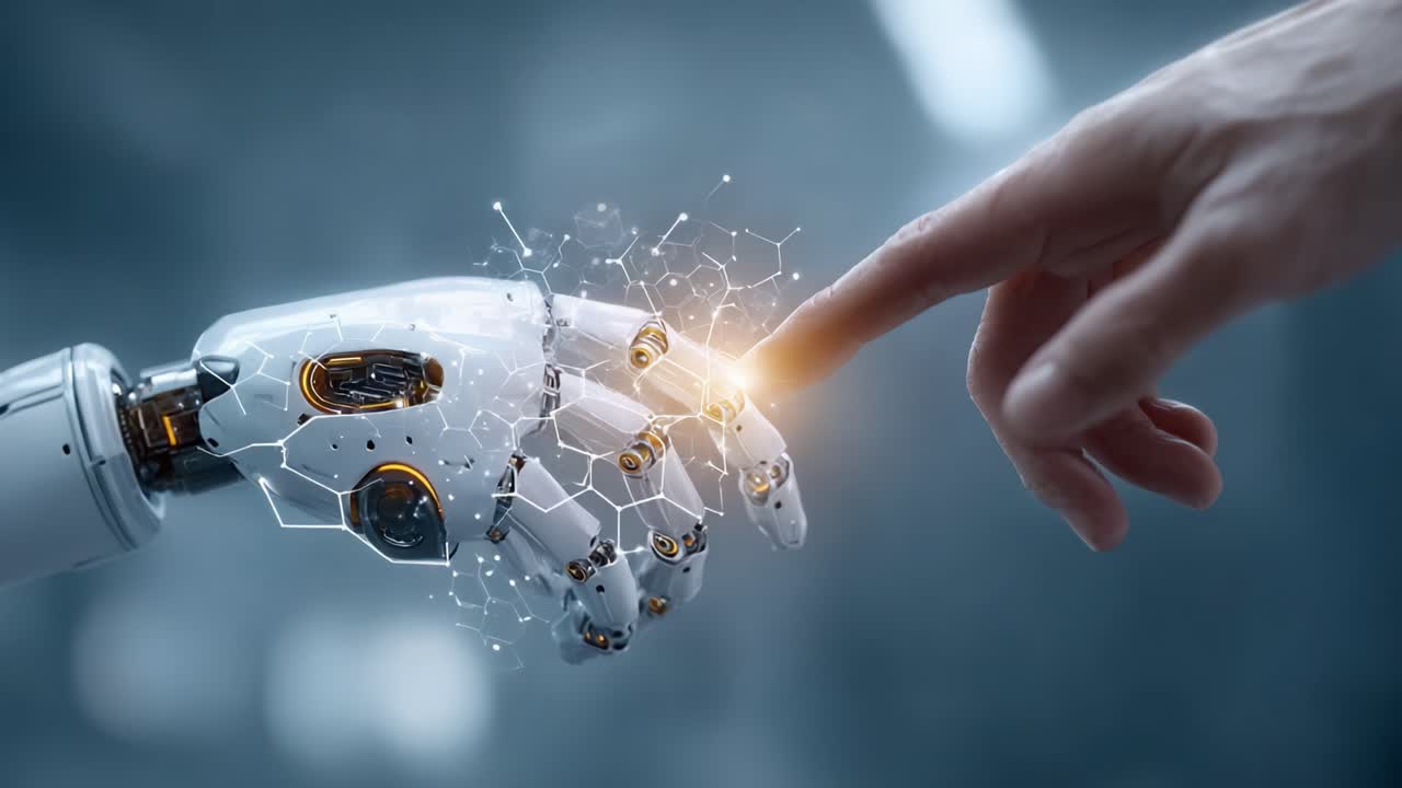 A Captivating Moment of Connection Between Human and Artificial Intelligence: A Delicate Touch that Symbolizes the Fusion of Technology and Humanity