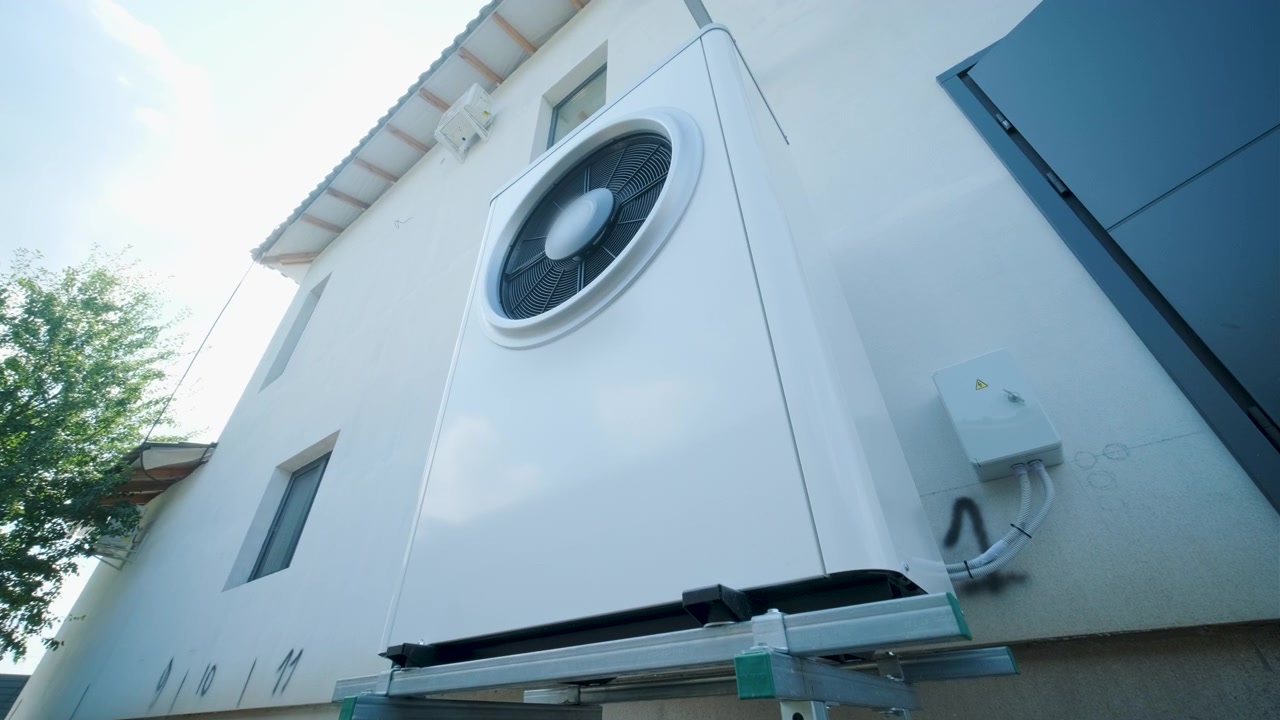 Modern Air Source Heat Pump Installed Outside Residential House