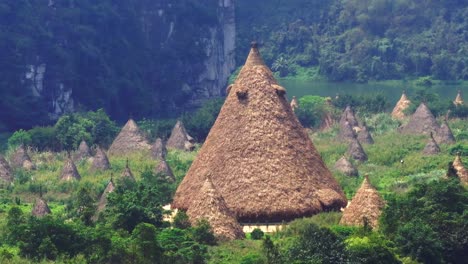 The-shot-showcases-the-unique-architecture-of-the-huts,-surrounded-by-greenery-and-set-against-a-serene-river,-providing-a-glimpse-into-the-region's-cultural-heritage-and-natural-beauty