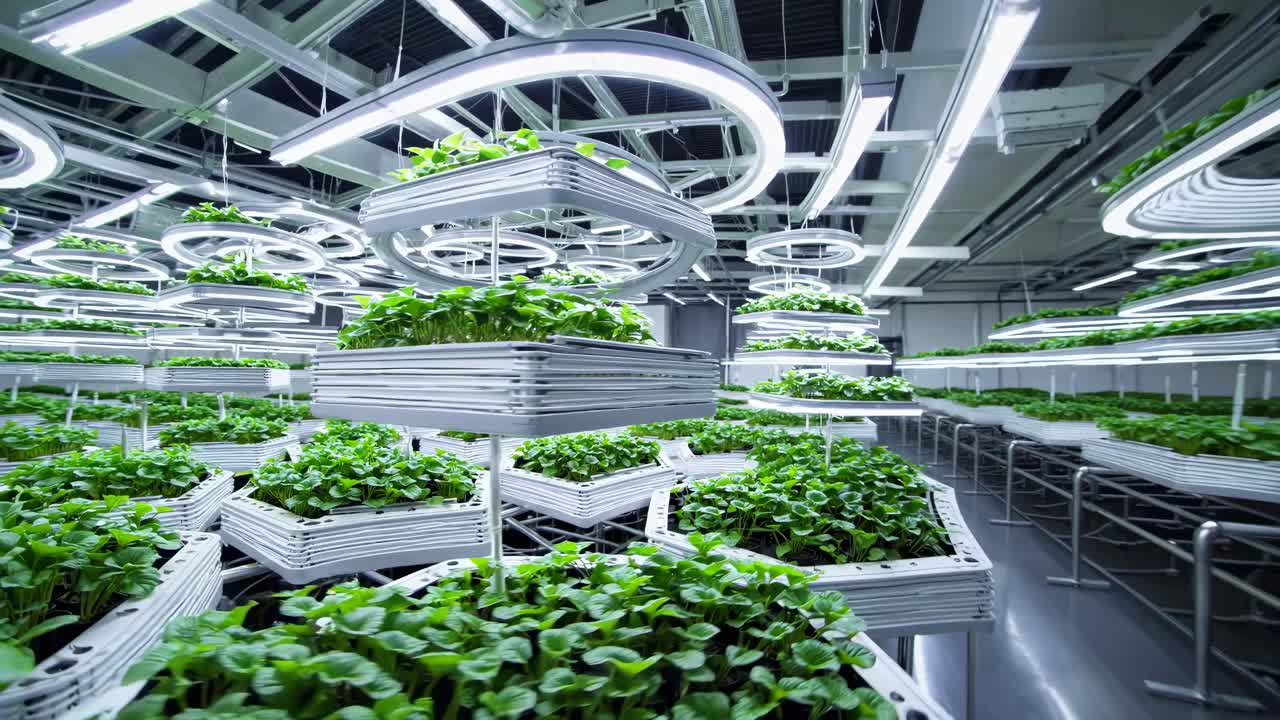 A futuristic indoor farm with vertical plant racks under LED lights