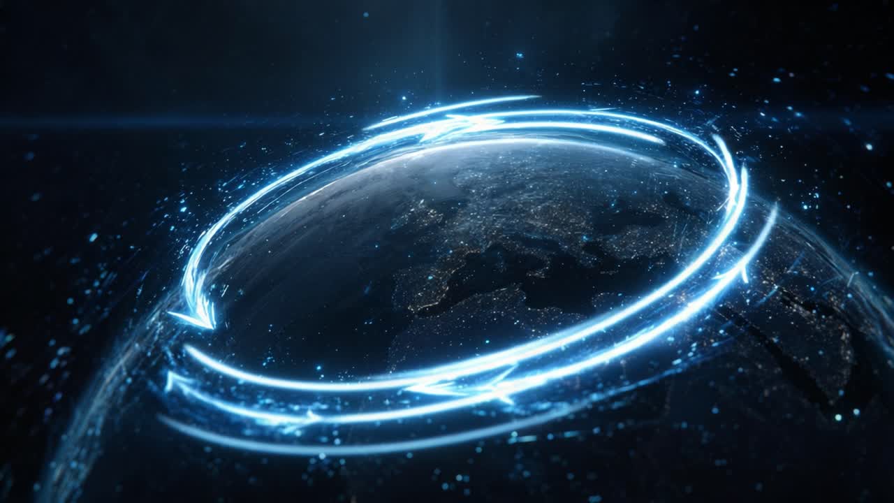 Bright blue neon arrows circling planet Earth at night, visualizing global network connections, data transmission, and international communication with city lights glowing from the surface