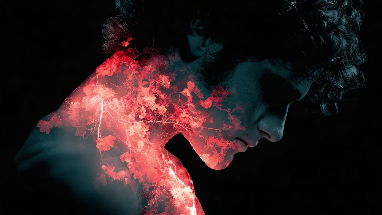 A Profound Silhouette: The Fusion of Nature and Humanity Captured in an Enigmatic Portrait Highlighting Vivid Floral Elements Against a Dark Background