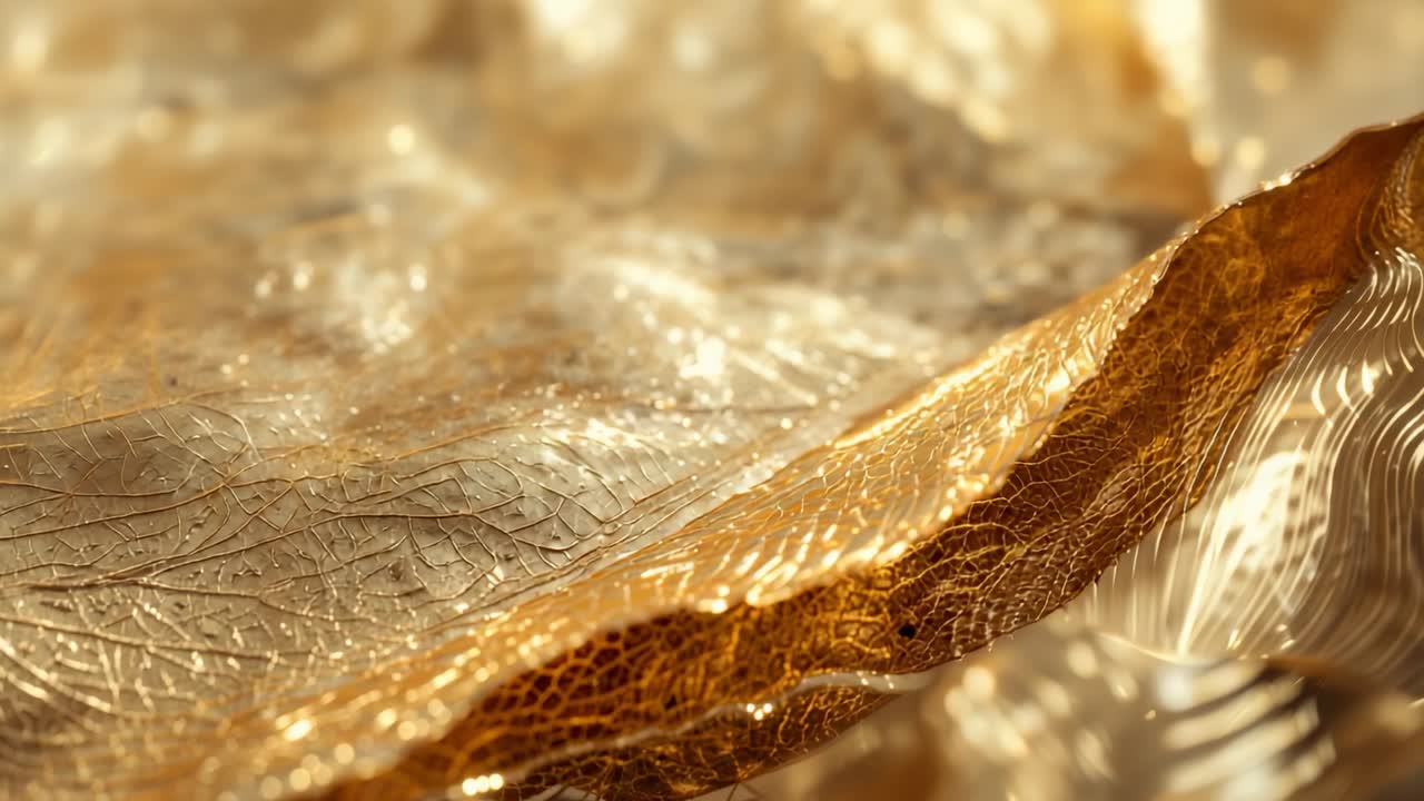 Warm light illuminating textured golden sheet, ridge forming and cresting in macro shot shimmering