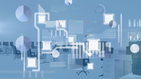 animation of network of connections and data processing over empty office