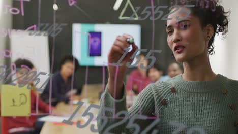 animation of changing numbers against biracial woman writing on glass board at office