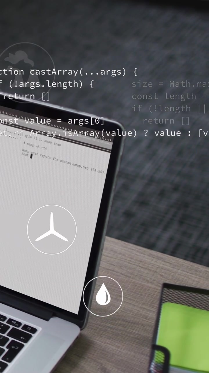 Vertical video: Laptop showing code, data causing UI icons and metrics updating for analytics