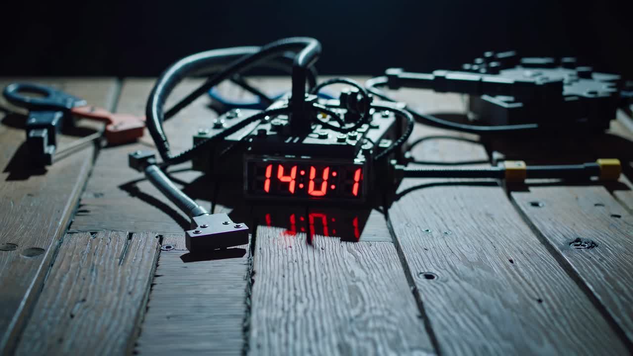 A suspenseful video scene with a close-up, low-angle view of a digital timer on a wooden floor
