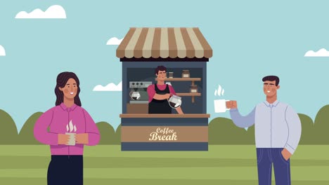 animación de cafetería con trabajadores y clientes escena