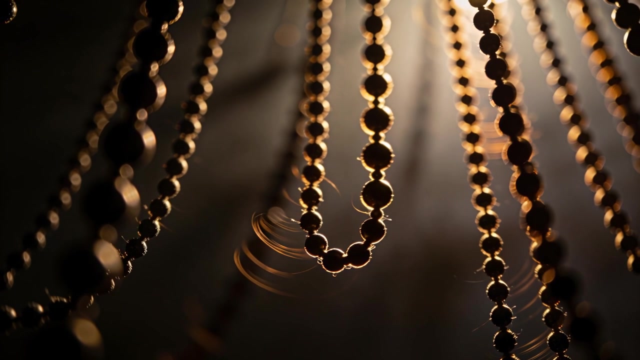 Catene di perline che oscillano vicino al soffitto, disegnando archi dopo una scossa, con la lampada che illumina e mostra fibre di polvere.
