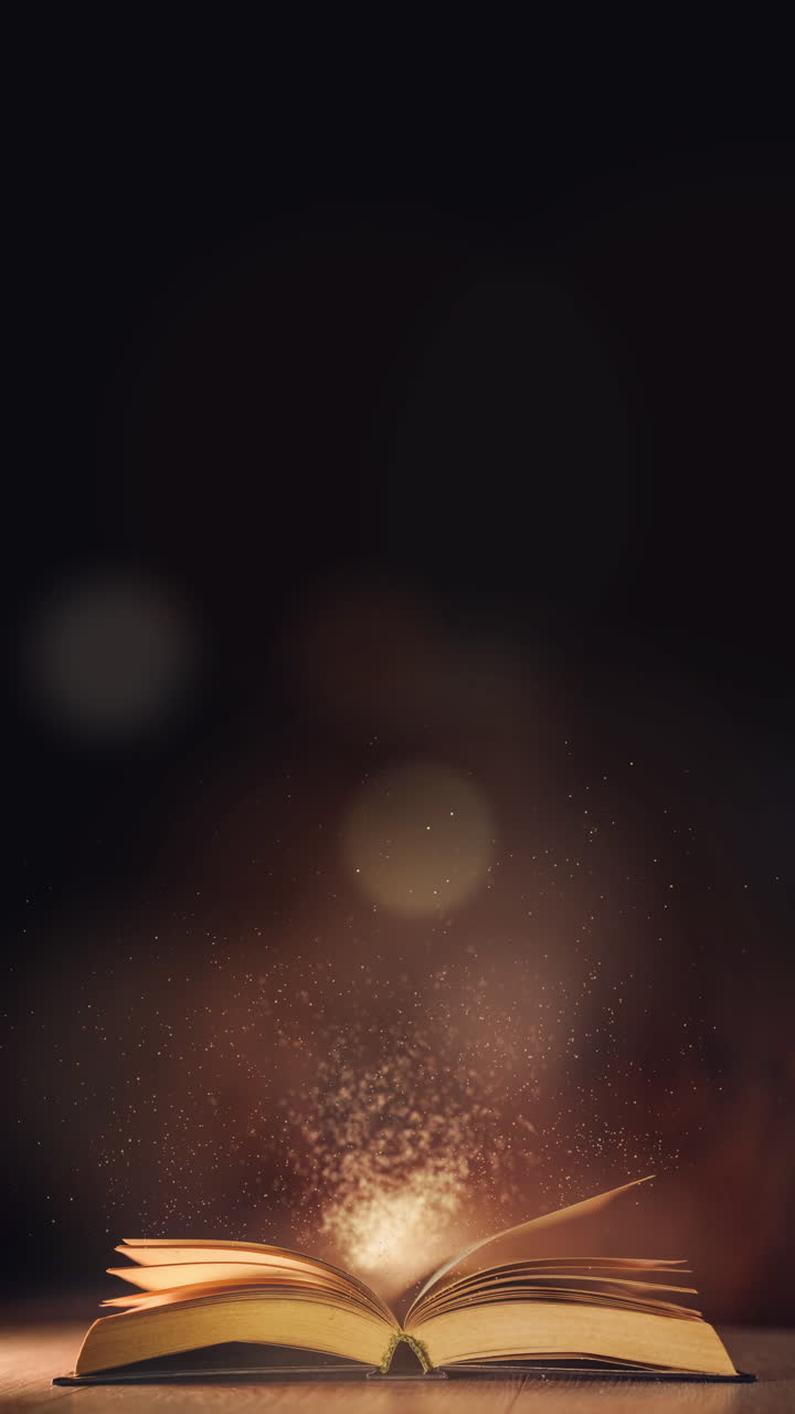 Abstract golden magic book with stars on a dark background. Animated magic Holy Bible book with shining particle. Loop motion graphic. Copy space. Vertical video.