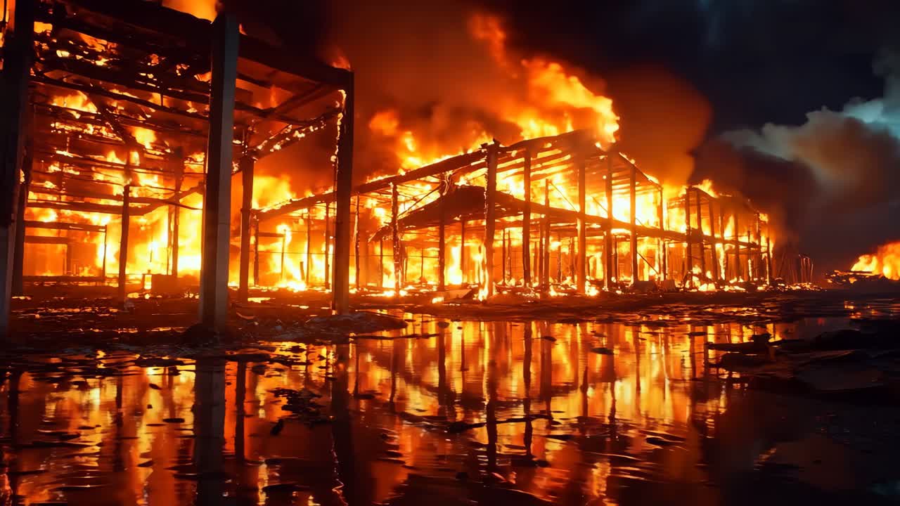 연기가 많이 아오르는 큰 건물이 불타고 있습니다.