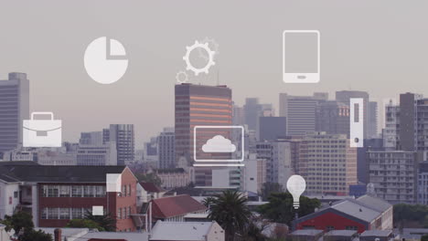 animación de múltiples iconos sobre el paisaje urbano moderno contra el cielo