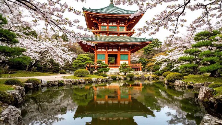 Pagoda tradizionale giapponese circondata da fiori di ciliegio