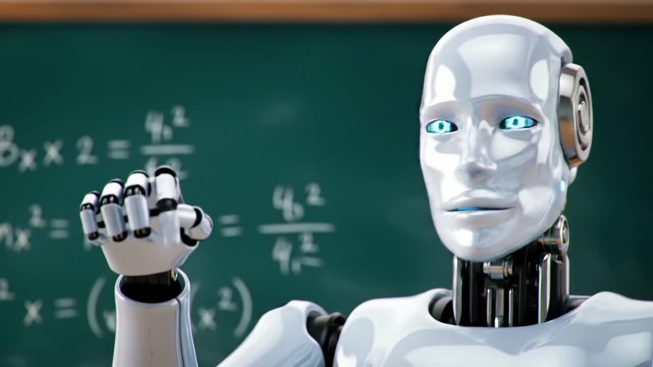A humanoid robot offers an engaging presentation in a high-tech classroom, showcasing its ability to teach advanced topics to students while interacting with them.