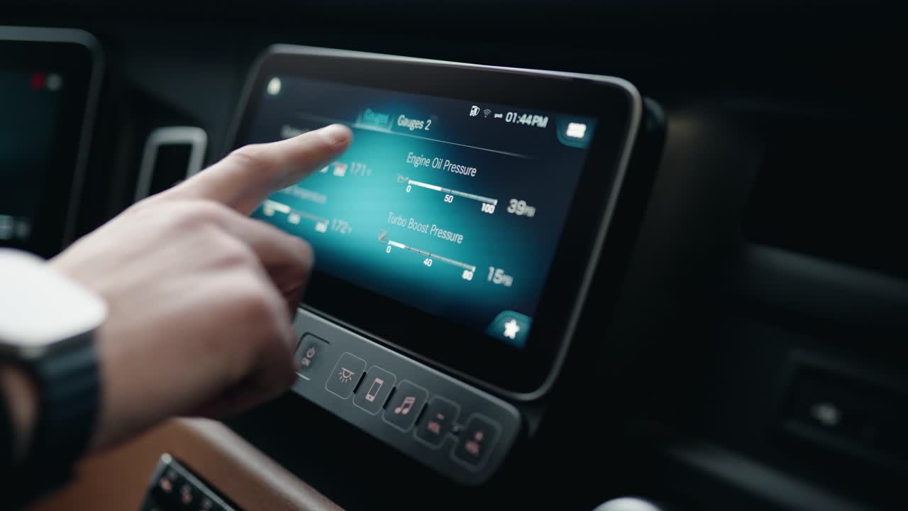 세미 트럭 운전사가 새 운임선 cascadia volvo 2023의 dasboard 화면에서 게이지 및 오일 수명을 확인하고 있습니다.