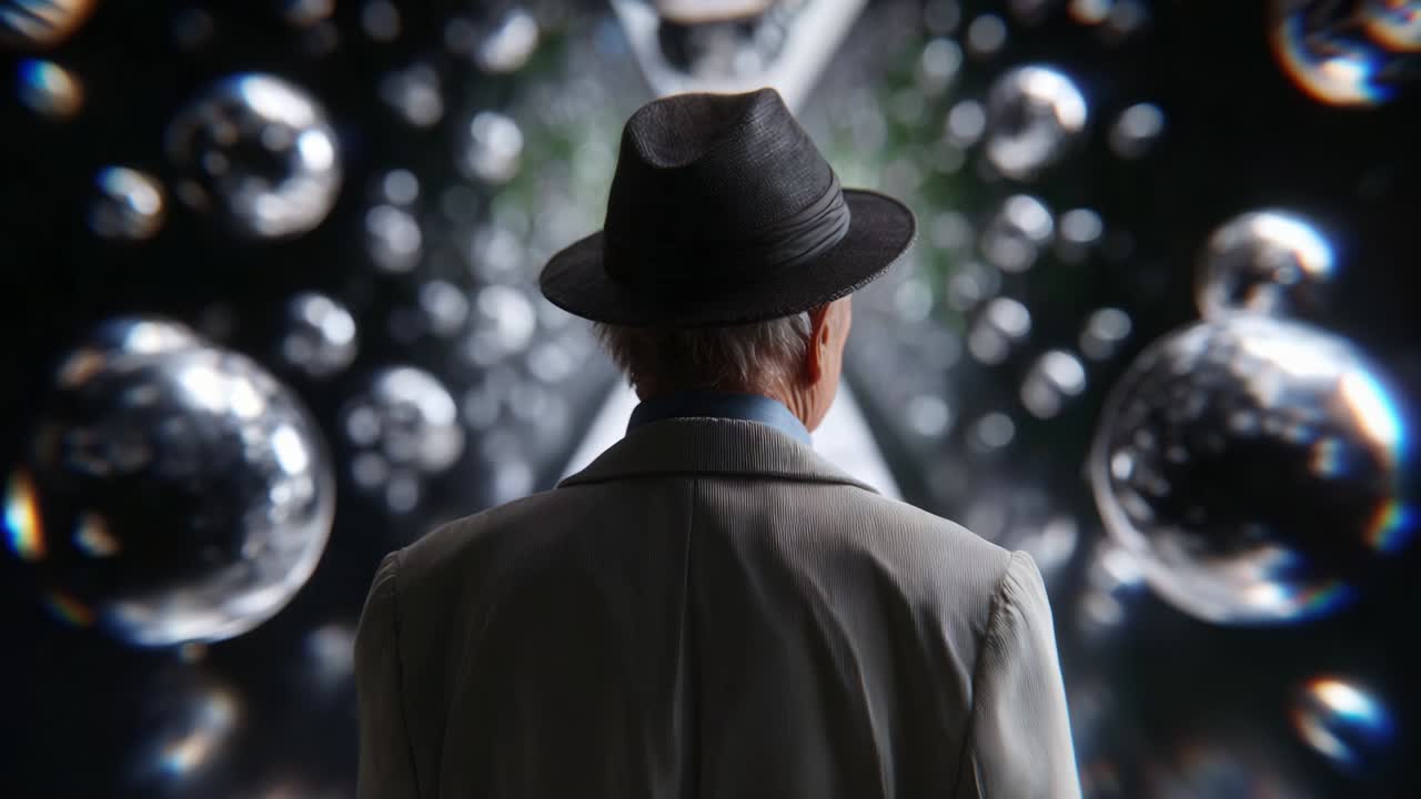 A Poignant Moment: An Elderly Man Contemplates Life Through Enigmatic Bubbles, Gazing Into a World Filled with Unknown Possibilities and Intriguing Reflections of Reality in a Surreal Setting