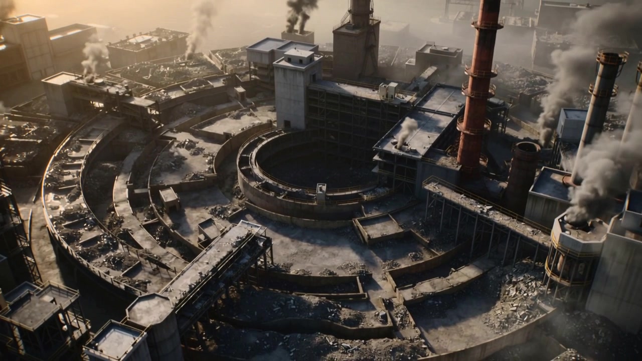 Drone approaching concentric rings complex at dock, revealing central pit and stacks emitting smoke