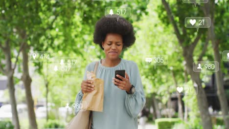 animation of social media data processing over african american woman using smartphone