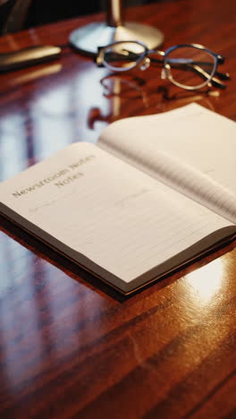 newsroom notes and glasses on a wooden desk