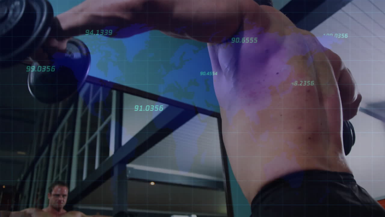 Exercising, muscular person with animation of global map and numerical data
