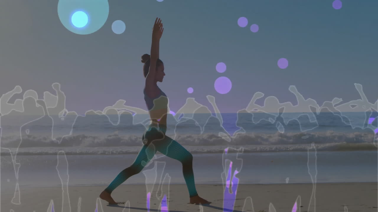 yoga instructor performing Warrior I on beach, showcasing health branding with line-art silhouettes