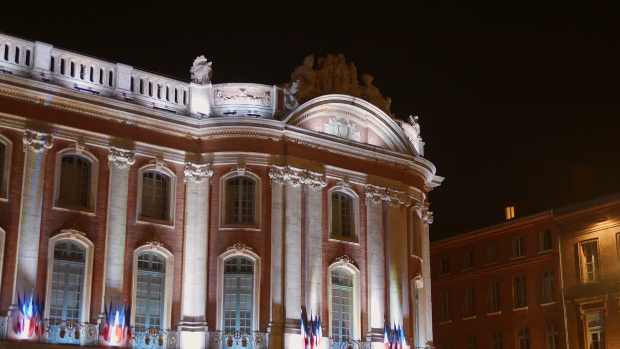 Nighttime View Of The Capitole de Toulouse Architecture In Toulouse, France. Close-up Shot