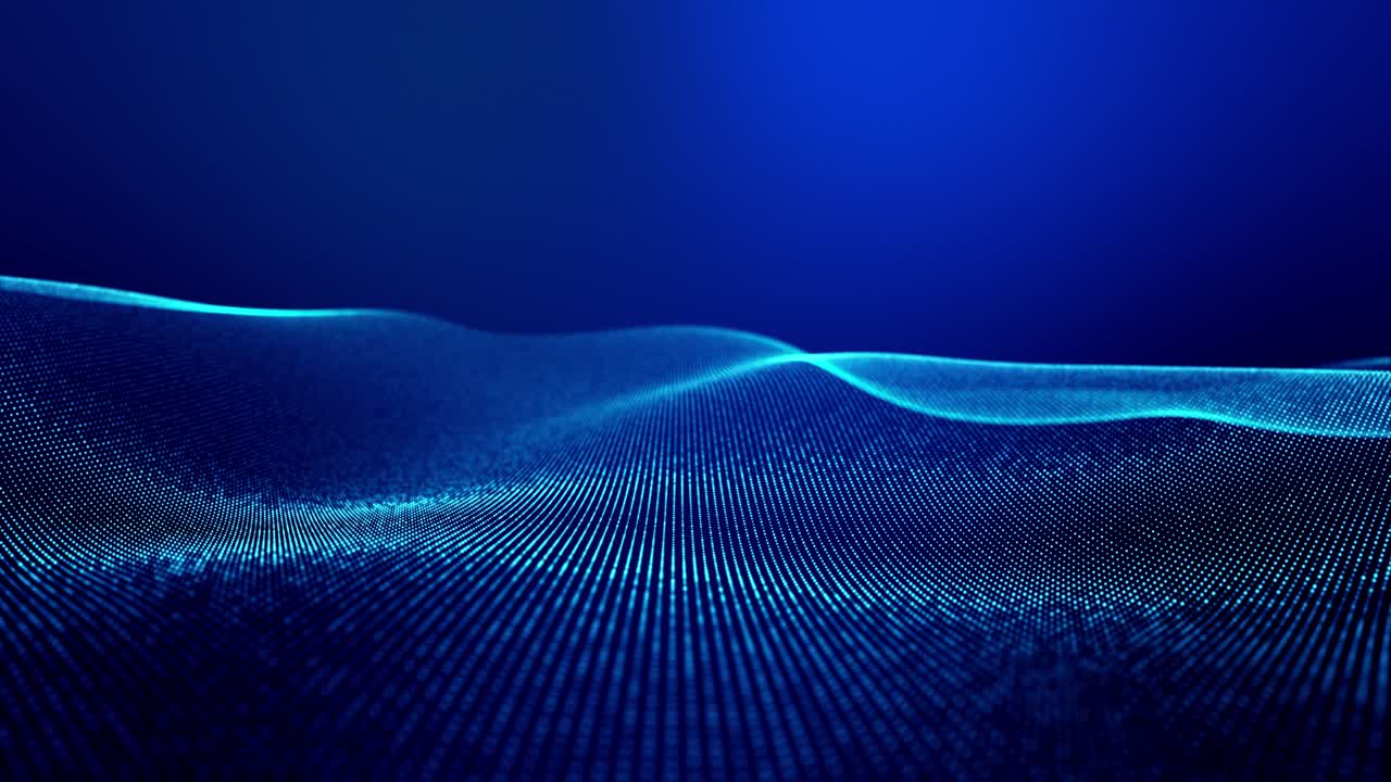 4k looped abstract background of glow particles form lines, surfaces as futuristic landscape in cyberspace or hologram. Sci-fi theme of microworld, nanotechnology or cosmic space. Blue