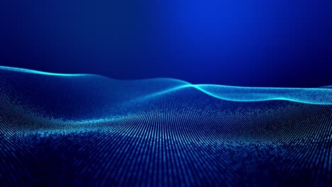 4k looped abstract background of glow particles form lines, surfaces as futuristic landscape in cyberspace or hologram. sci-fi theme of microworld, nanotechnology or cosmic space. blue