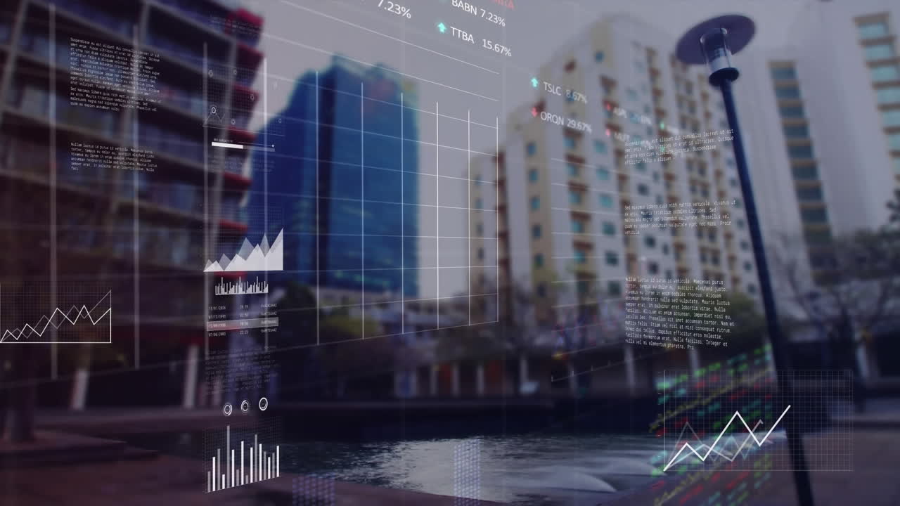 Animation of statistical and stock market data processing against view of tall buildings