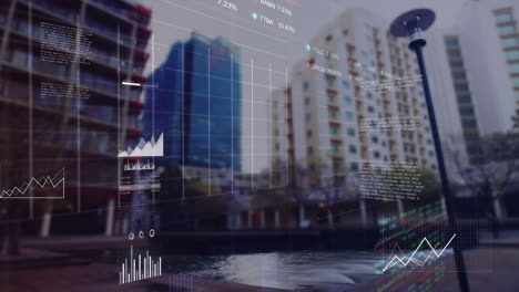 Animation-Der-Statistik--Und-Börsendatenverarbeitung-Vor-Dem-Hintergrund-Hoher-Gebäude