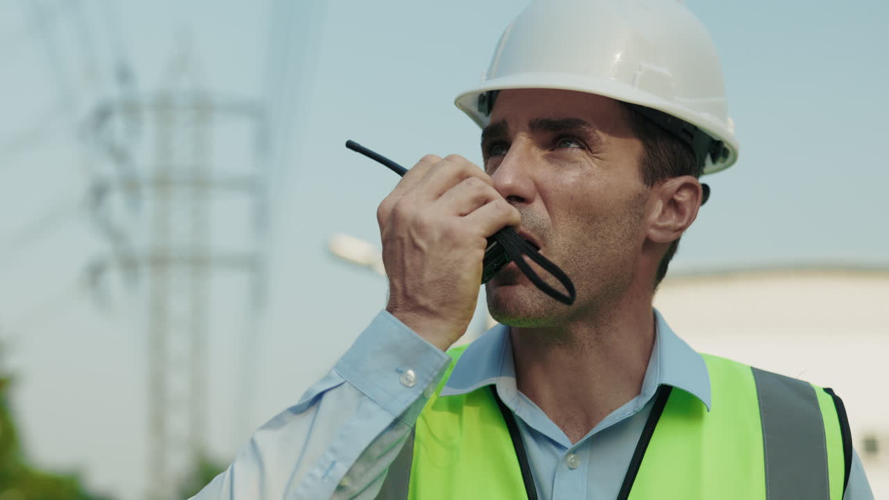 Construction engineer communicating with walkie-talkie